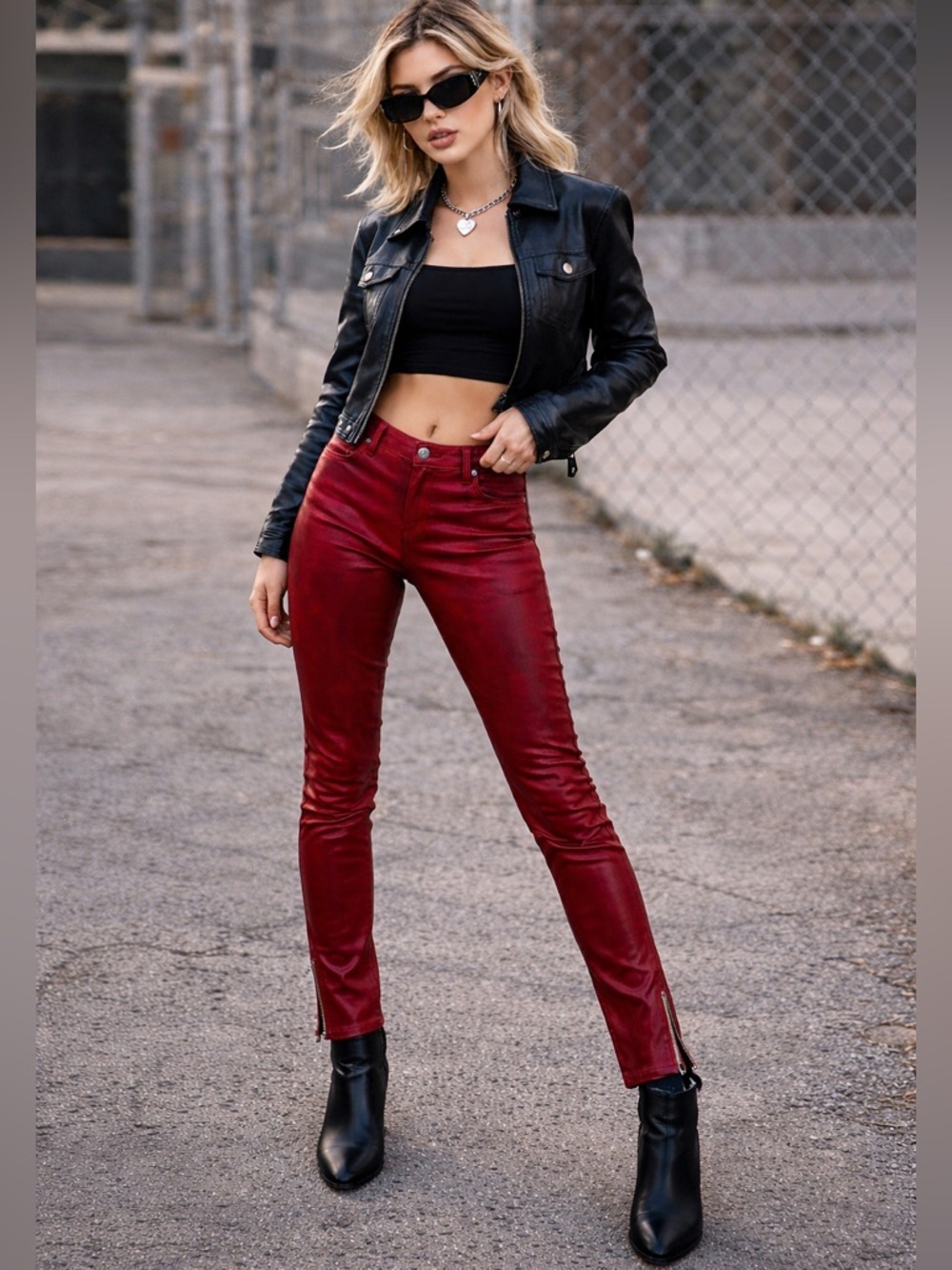 Monarda Women’s Red Wax Coated Skinny Jean Sz 9 Y2K Moto Biker Denim Ankle Zip